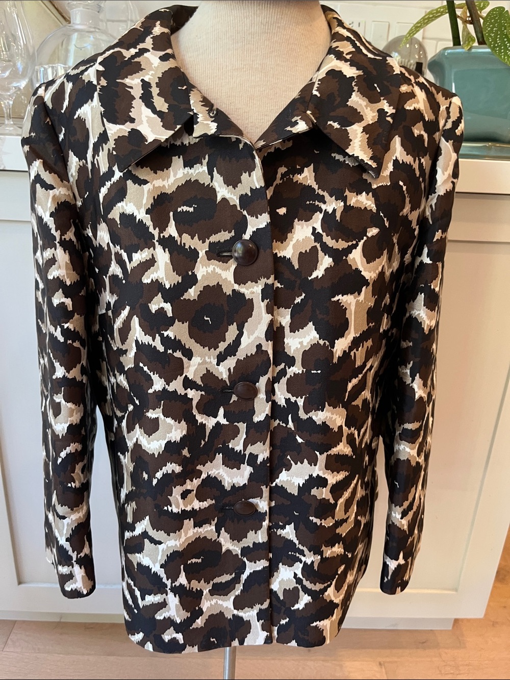 Talbots Silk and Wool blend Abstract Print Jacket  in Black, Brown & Cream